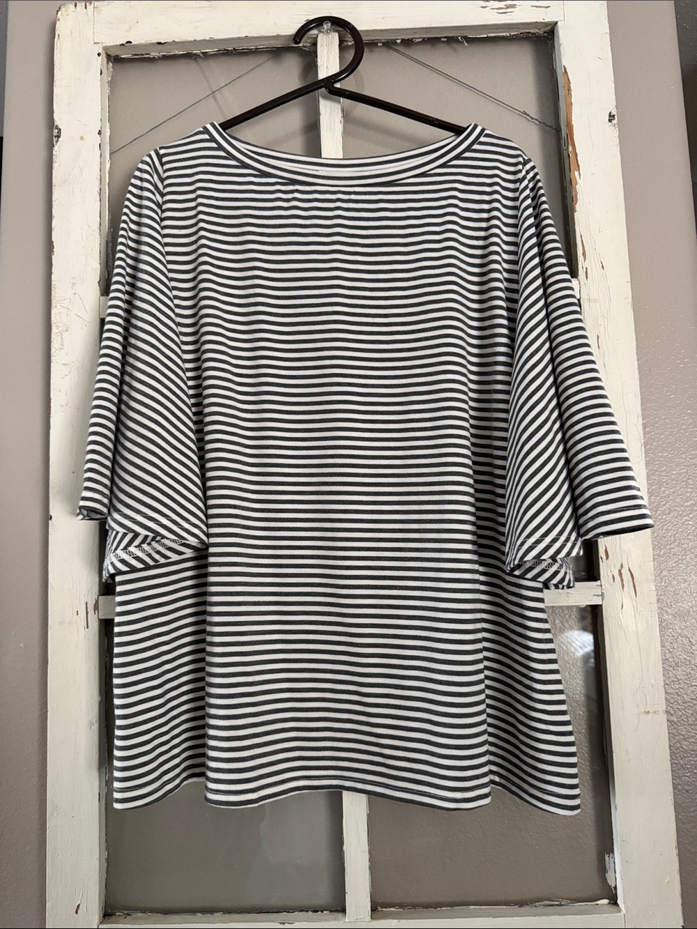Tickled Teal Charcoal gray & White Striped Boatneck Tunic
